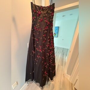 Lillie Rubin Black Strapless Dress with Red Floral Embroidery